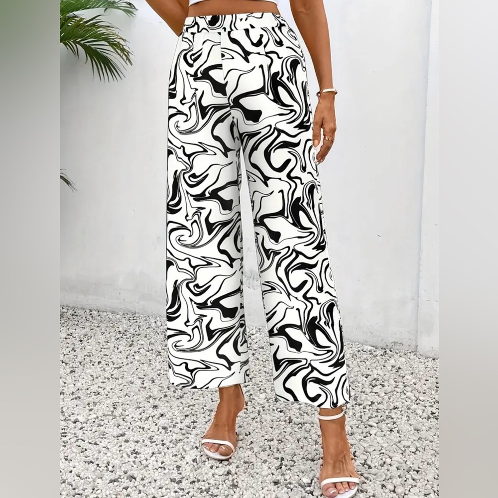 Boho Marble Print Wide Leg Pants, Casual High Waist Loose Pants